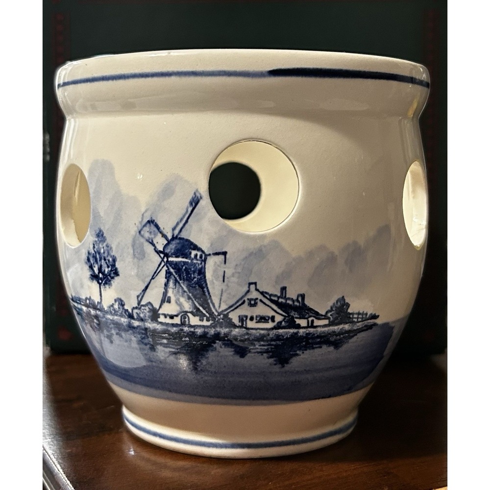 Armbee Blue and White Pottery Ceramic Planter Windmill Boat Scenic 4x4.5" Japan